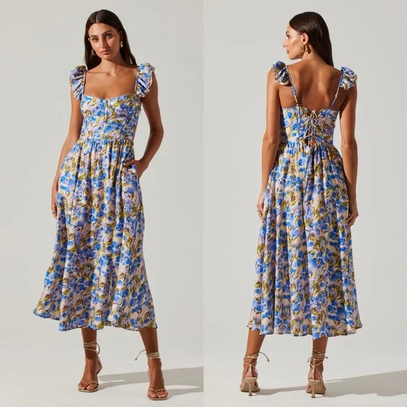 Astr | Dresses | New Astr Wedelia Bustier Midi Dress Yellow Blue Floral |  Poshmark